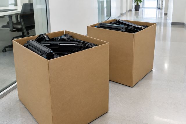 Zwei Sammelkartons mit leeren Tonerkartuschen im Büroflur