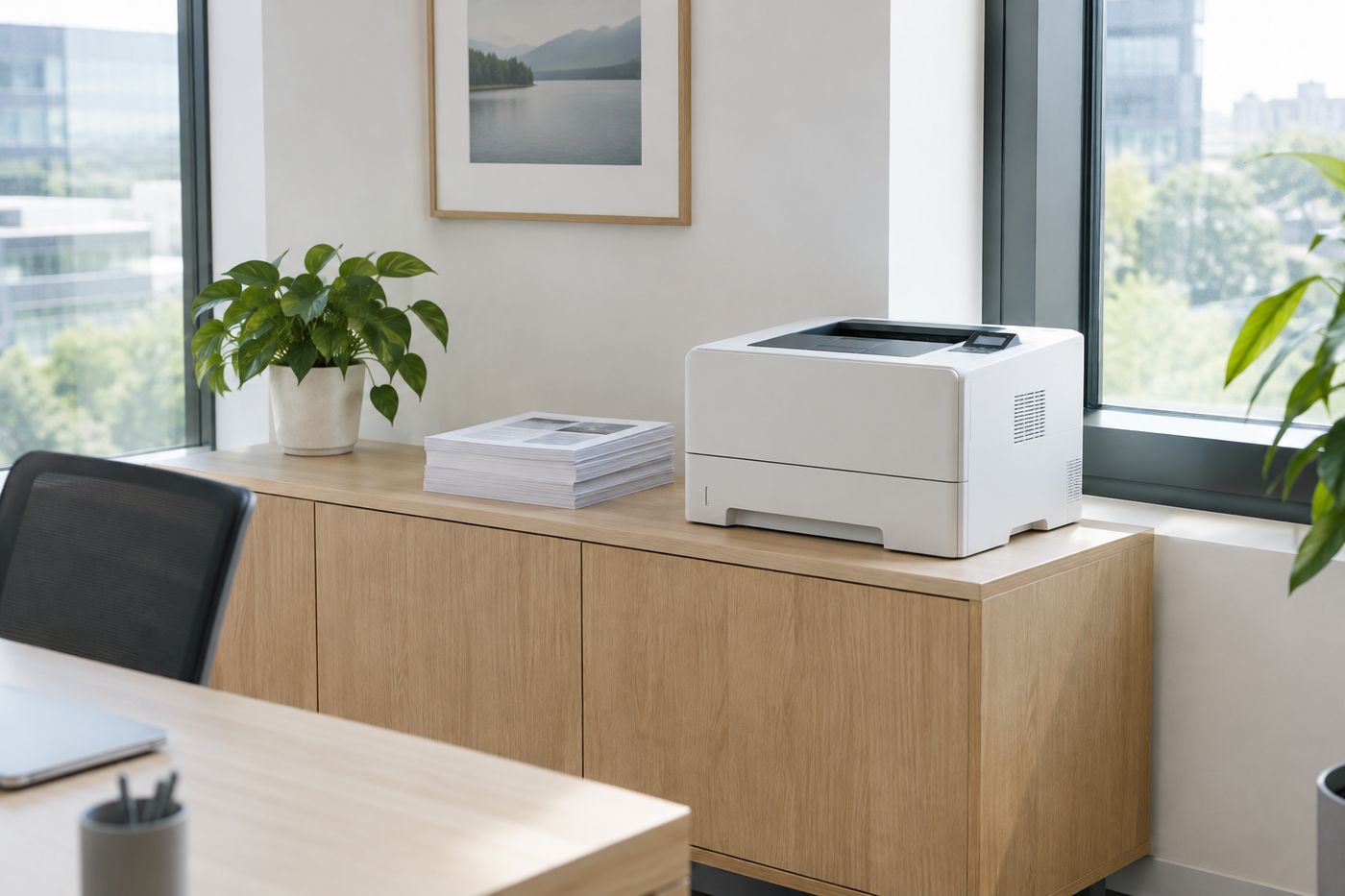 Laserdrucker auf einem Sideboard in einem hellen Büro